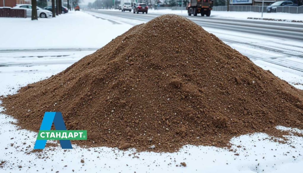 Куча пескосоляной смеси у дороги